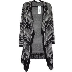 NEW GeeGee Sweater Cardigan Boho Aztec Long Open Front Fringe Hem NWT  Sz  S / M
